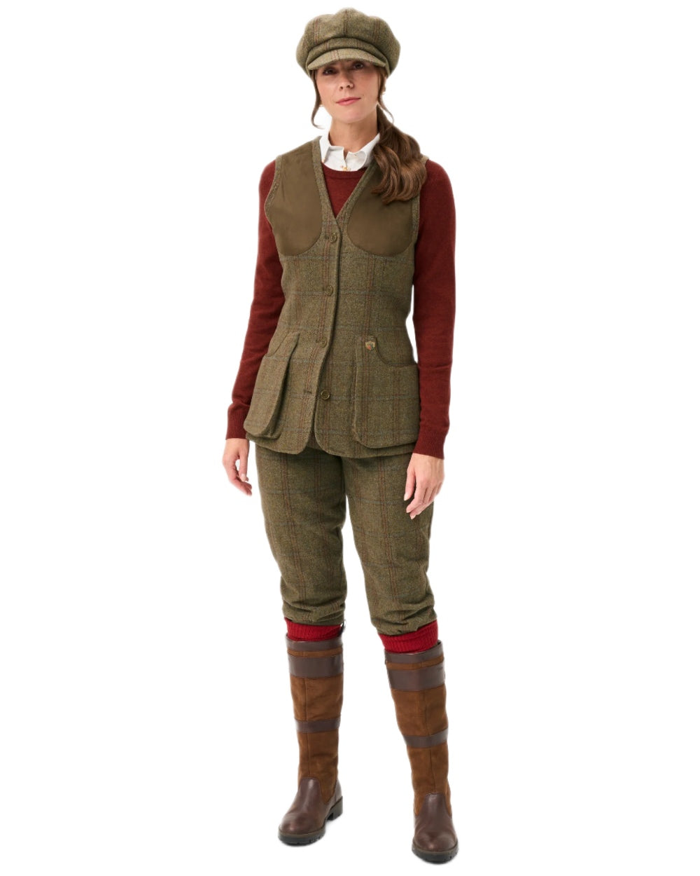 Laurel coloured Alan Paine Combrook Ladies Tweed Shooting Waistcoat on white background 