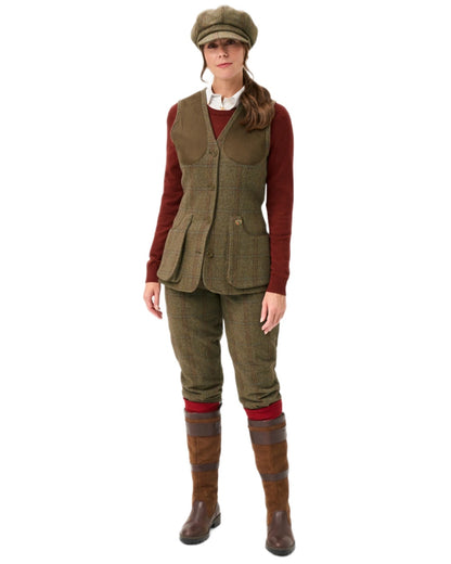 Laurel coloured Alan Paine Combrook Ladies Tweed Shooting Waistcoat on white background 