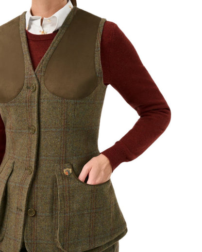 Laurel coloured Alan Paine Combrook Ladies Tweed Shooting Waistcoat on white background 