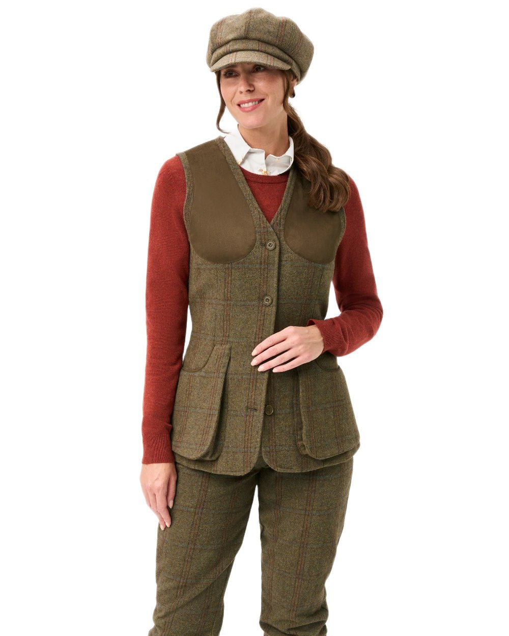 Laurel coloured Alan Paine Combrook Ladies Tweed Shooting Waistcoat on white background 