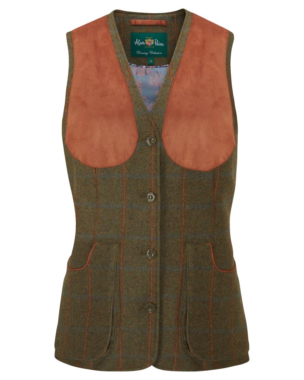 Willow coloured Alan Paine Combrook Ladies Tweed Shooting Waistcoat on white background 