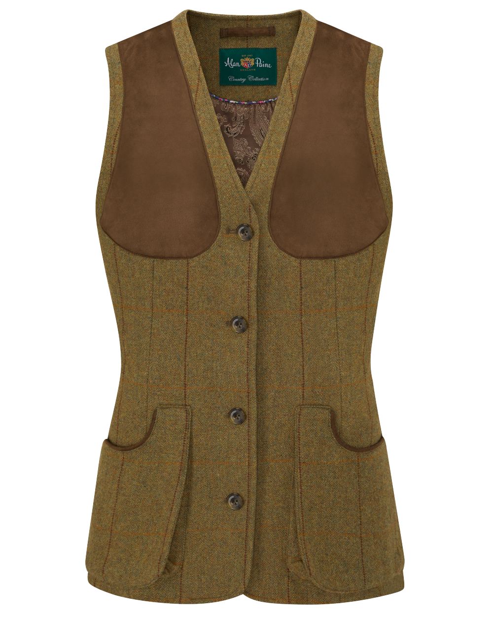 Grove coloured Alan Paine Combrook Ladies Tweed Shooting Waistcoat on white background 