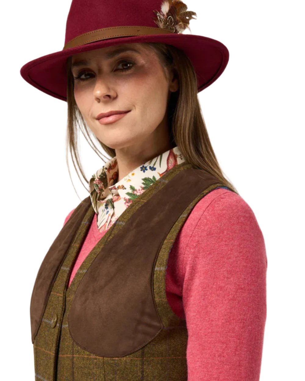 Hazel coloured Alan Paine Combrook Ladies Tweed Shooting Waistcoat on white background 