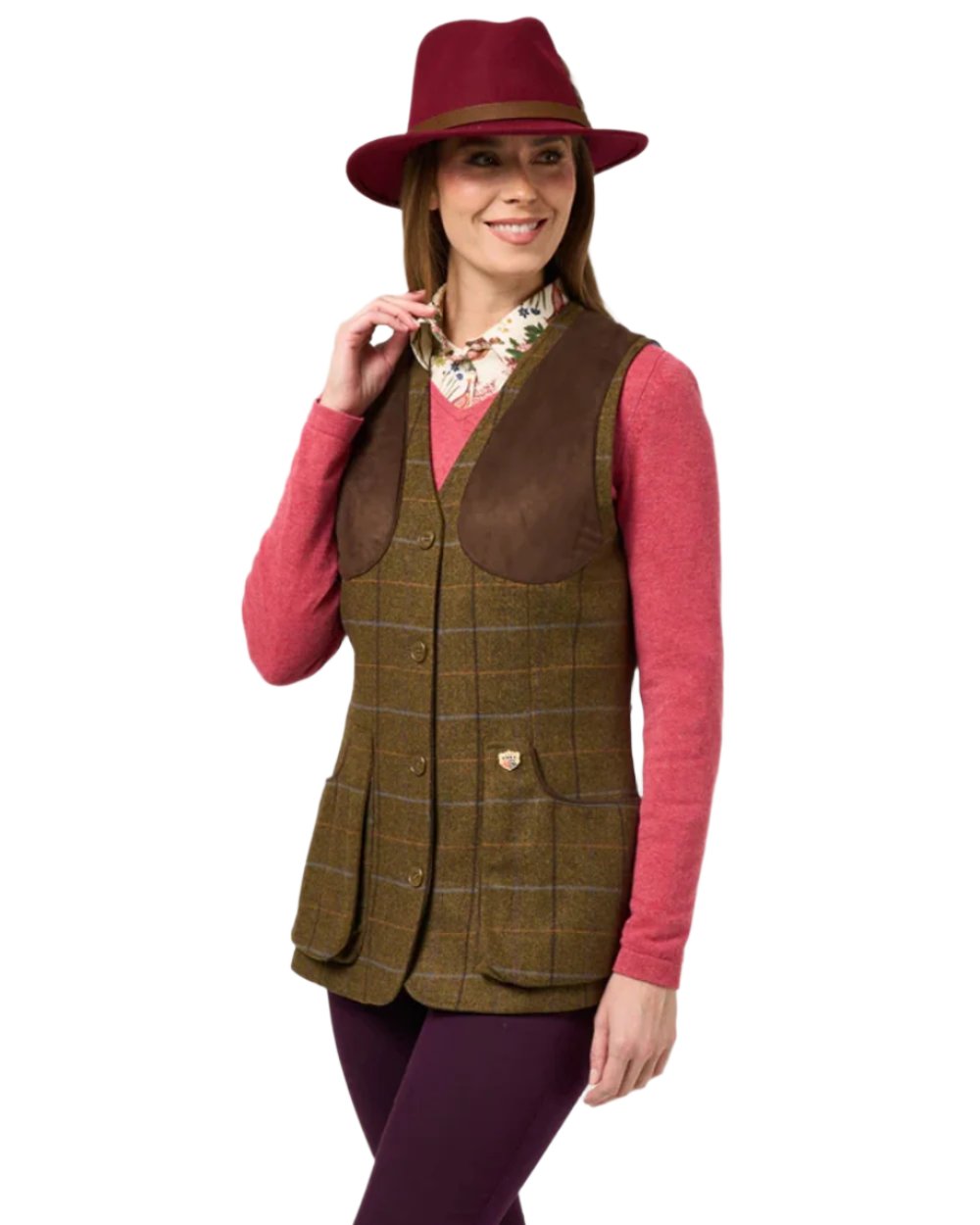 Hazel coloured Alan Paine Combrook Ladies Tweed Shooting Waistcoat on white background 