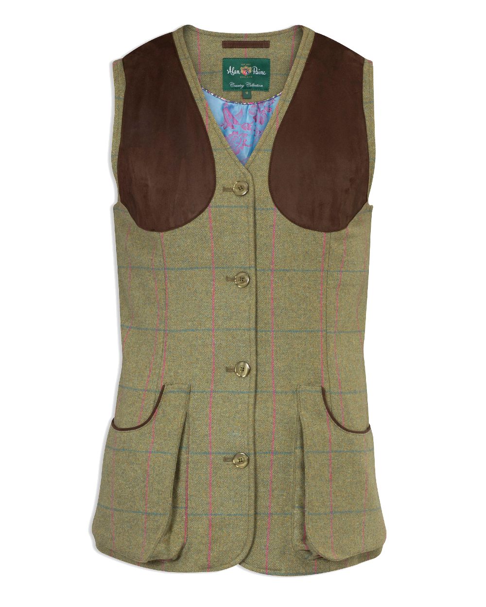 Juniper coloured Alan Paine Combrook Ladies Tweed Shooting Waistcoat on white background 