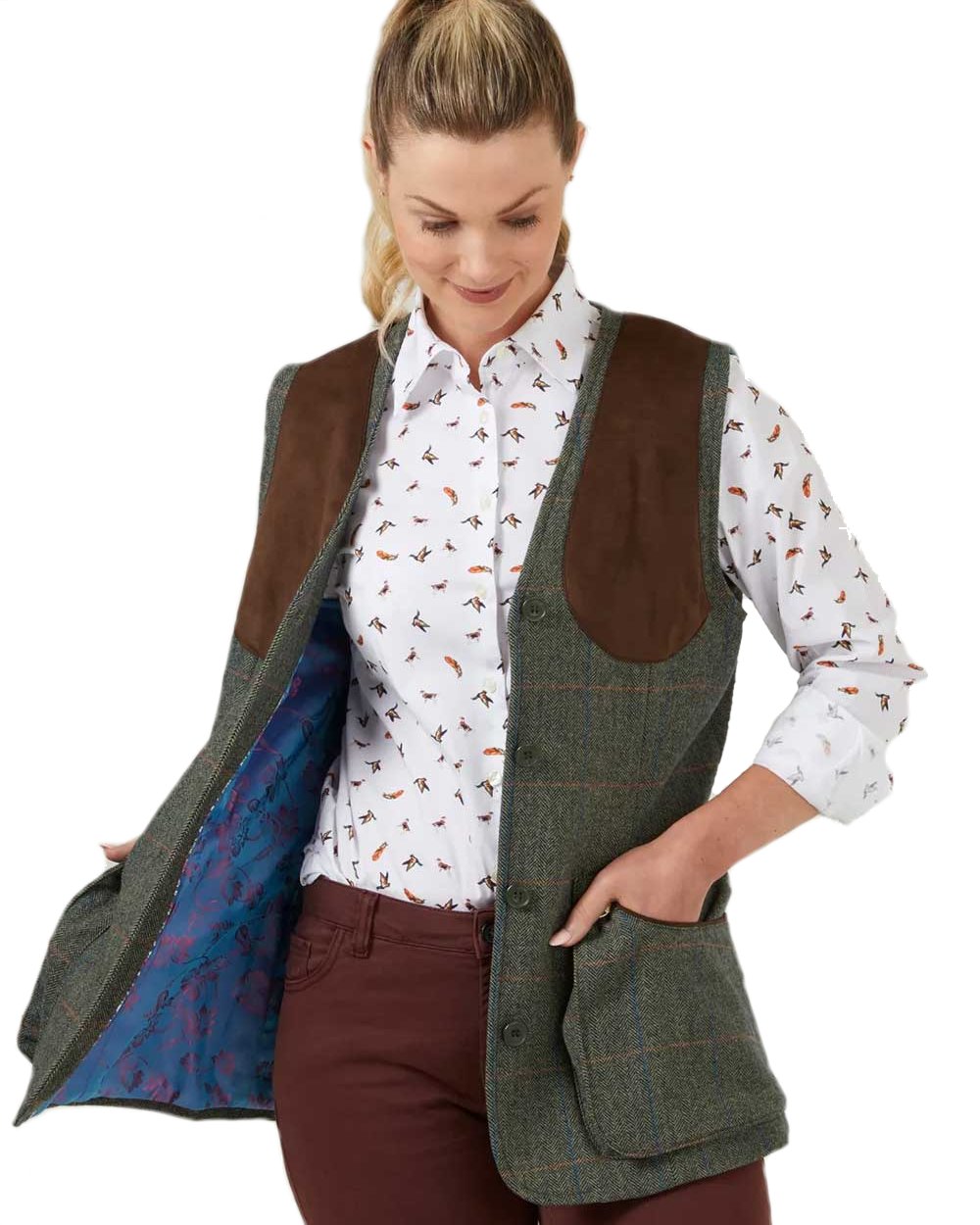 Spruce coloured Alan Paine Combrook Ladies Tweed Shooting Waistcoat on white background 