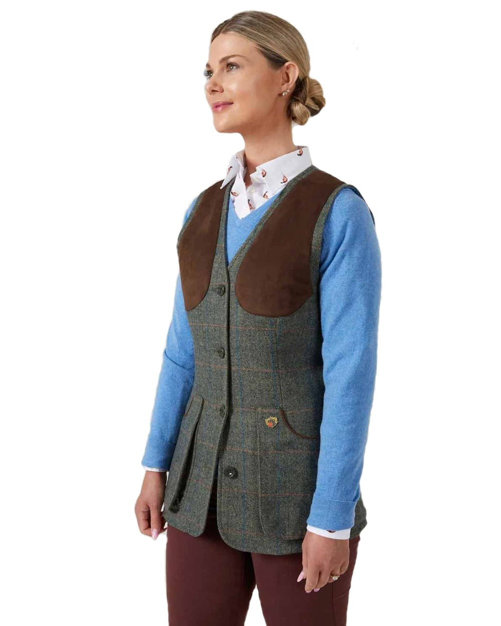 Spruce coloured Alan Paine Combrook Ladies Tweed Shooting Waistcoat on white background 