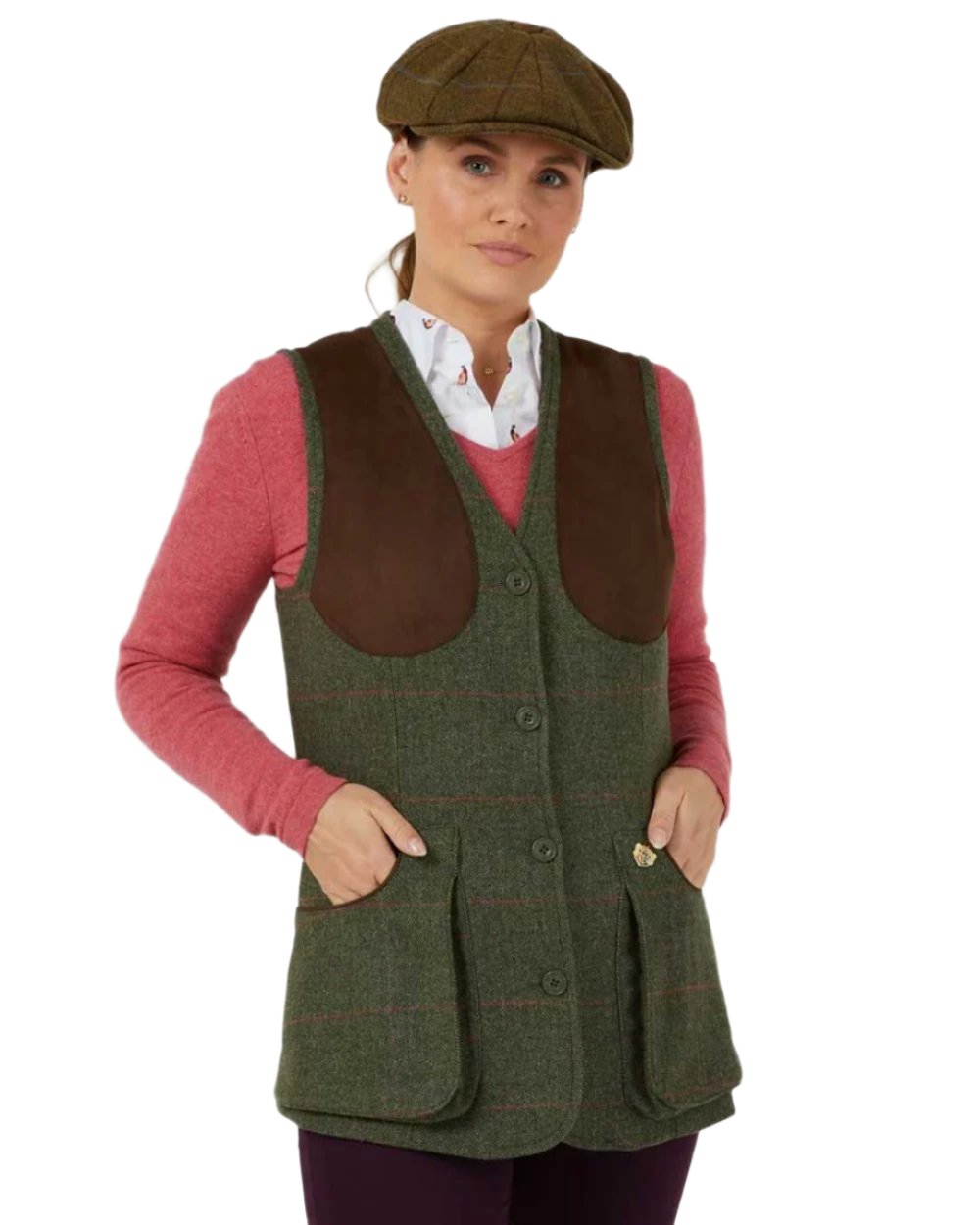 Spruce coloured Alan Paine Combrook Ladies Tweed Shooting Waistcoat on white background 