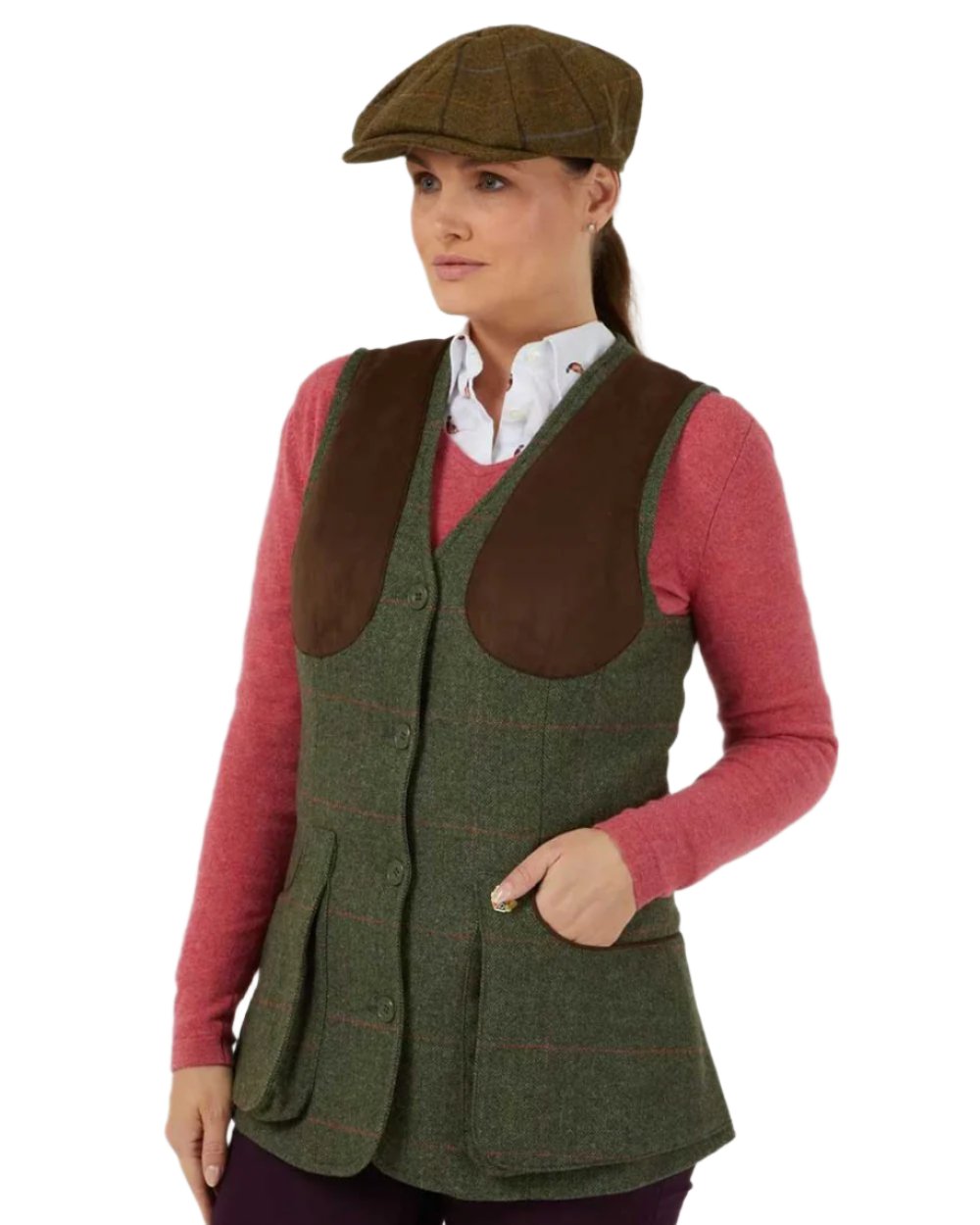 Spruce coloured Alan Paine Combrook Ladies Tweed Shooting Waistcoat on white background 