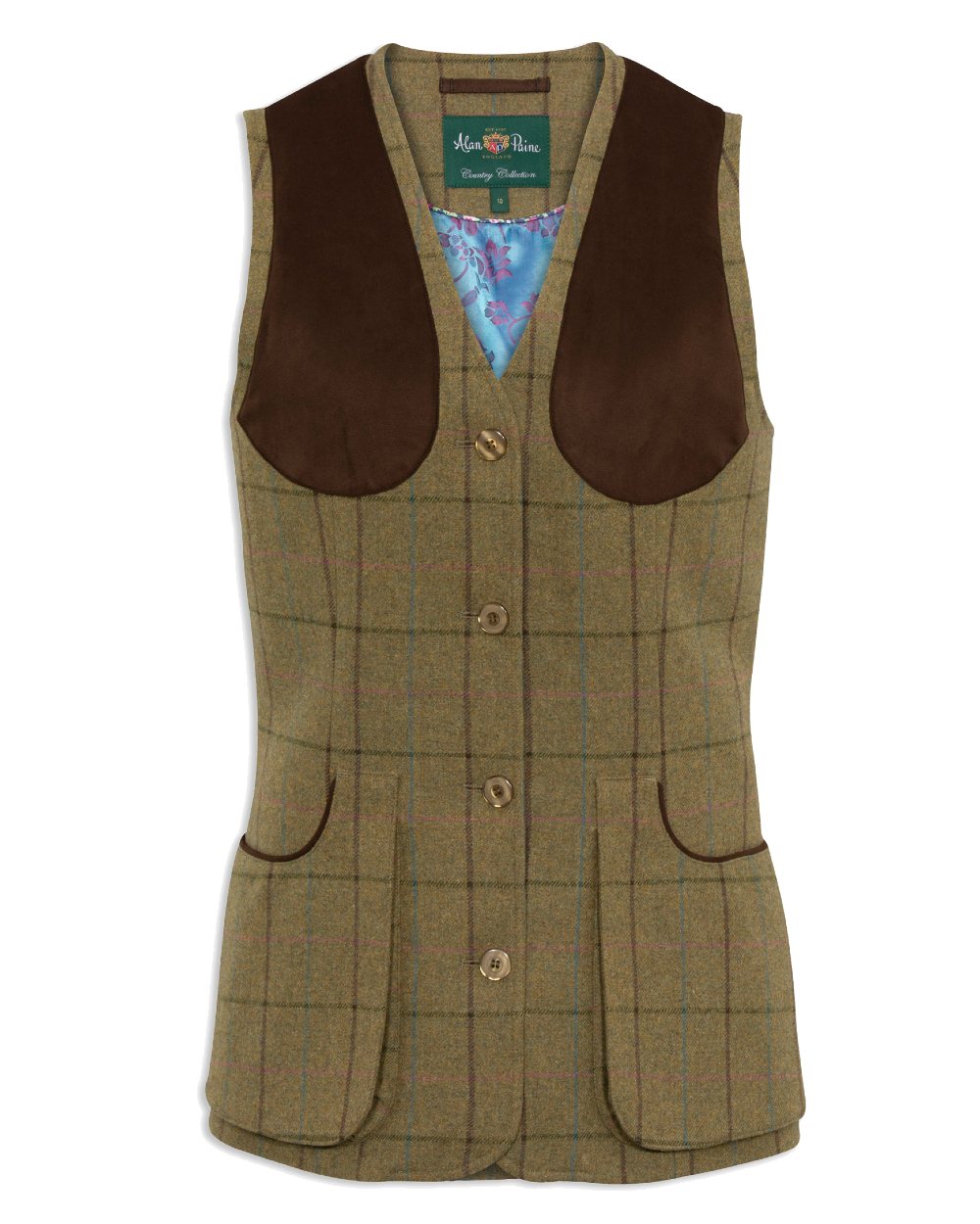 Lotus coloured Alan Paine Combrook Ladies Tweed Shooting Waistcoat on white background 