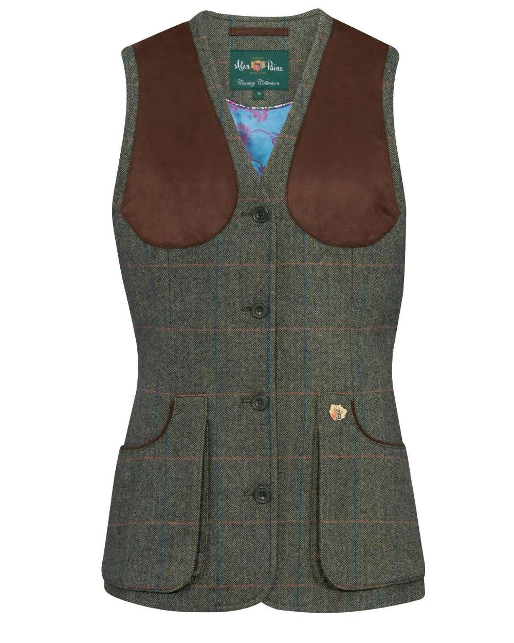 Spruce coloured Alan Paine Combrook Ladies Tweed Shooting Waistcoat on white background 