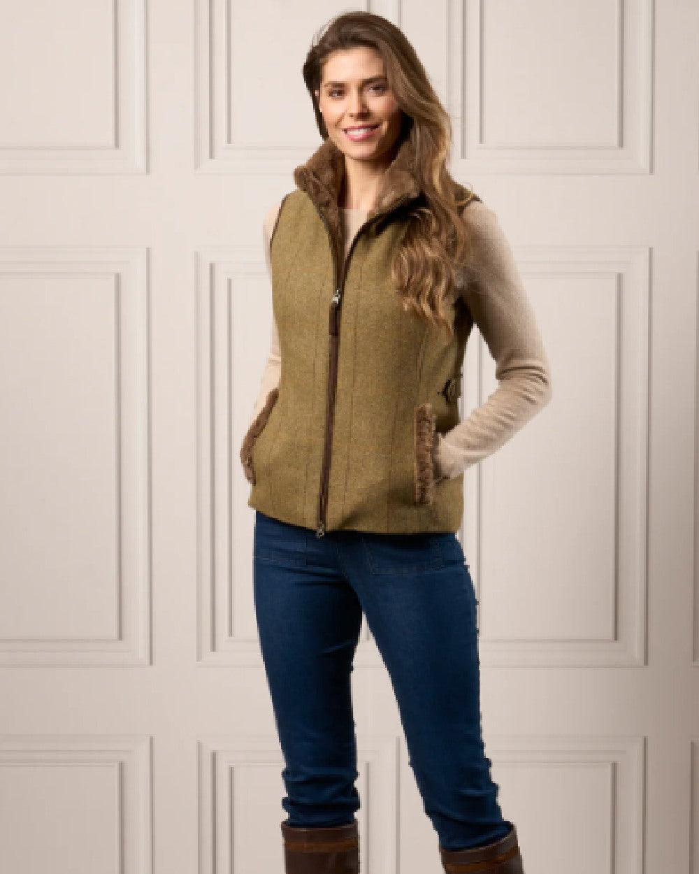 Grove Coloured Alan Paine Combrook Tweed Ladies Gilet on studio background 