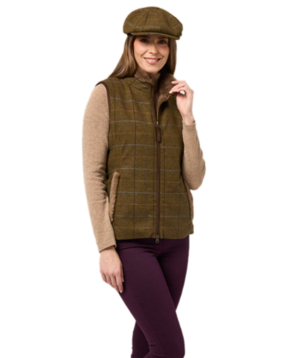 Hazel Coloured Alan Paine Combrook Tweed Ladies Gilet on white background 