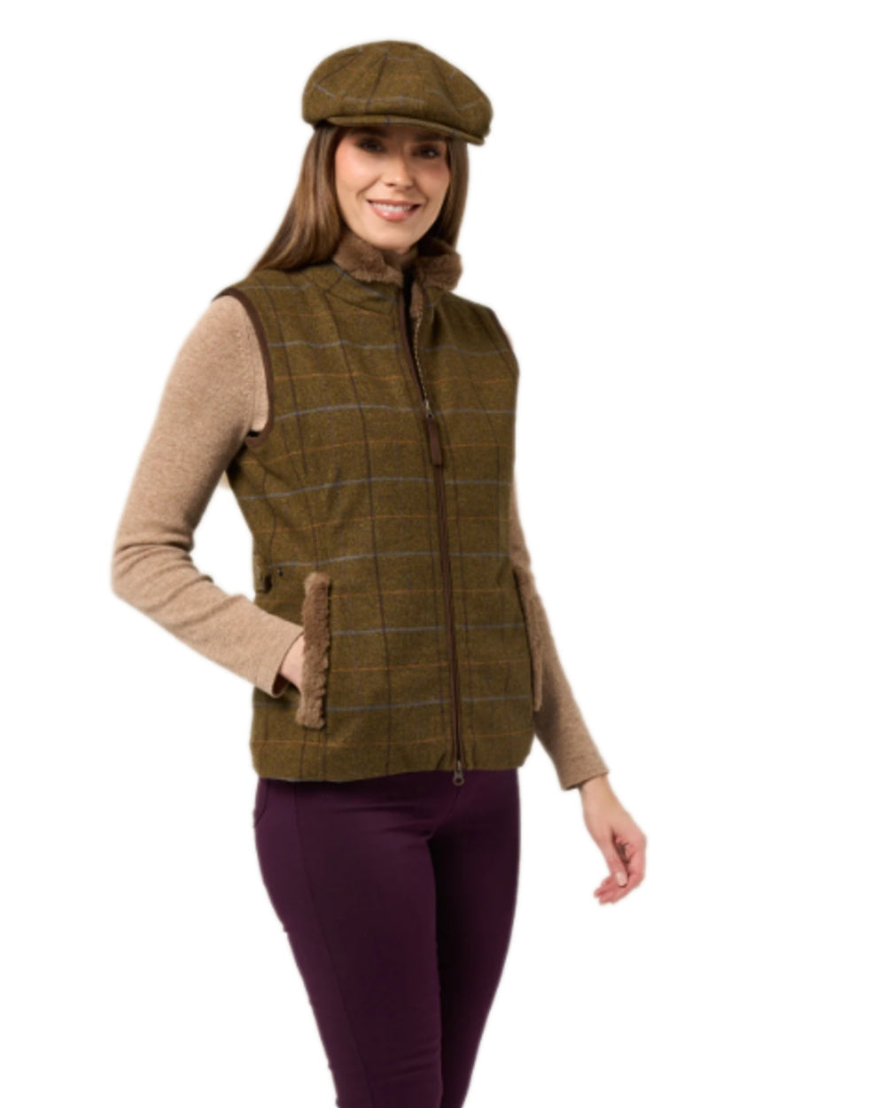 Hazel Coloured Alan Paine Combrook Tweed Ladies Gilet on white background 