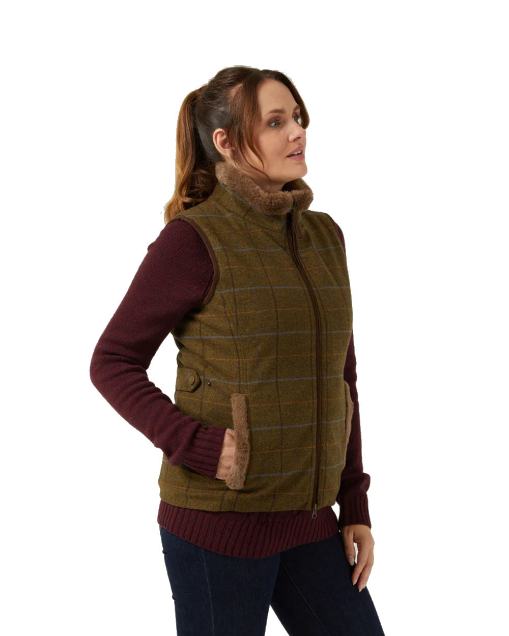 Hazel Coloured Alan Paine Combrook Tweed Ladies Gilet on white background 