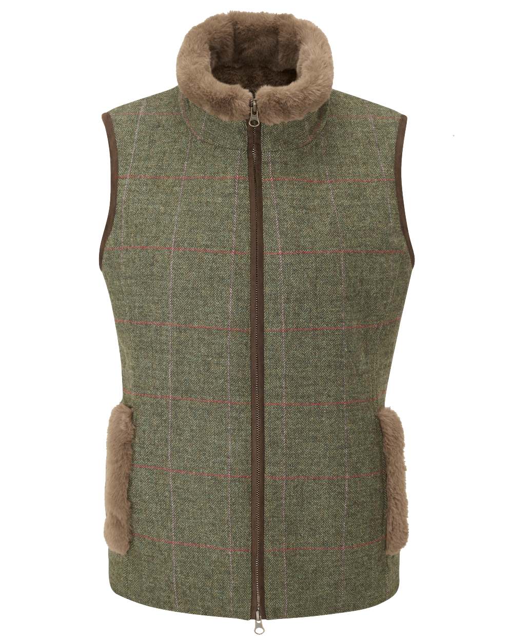Heath coloured Alan Paine Combrook Tweed Ladies Gilet on white background 