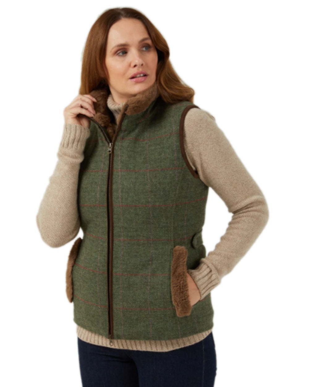 Heath Coloured Alan Paine Combrook Tweed Ladies Gilet on white background 