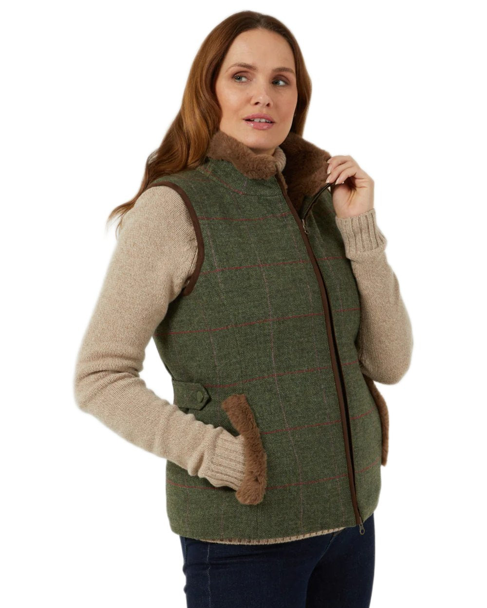 Heath coloured Alan Paine Combrook Tweed Ladies Gilet on white background 