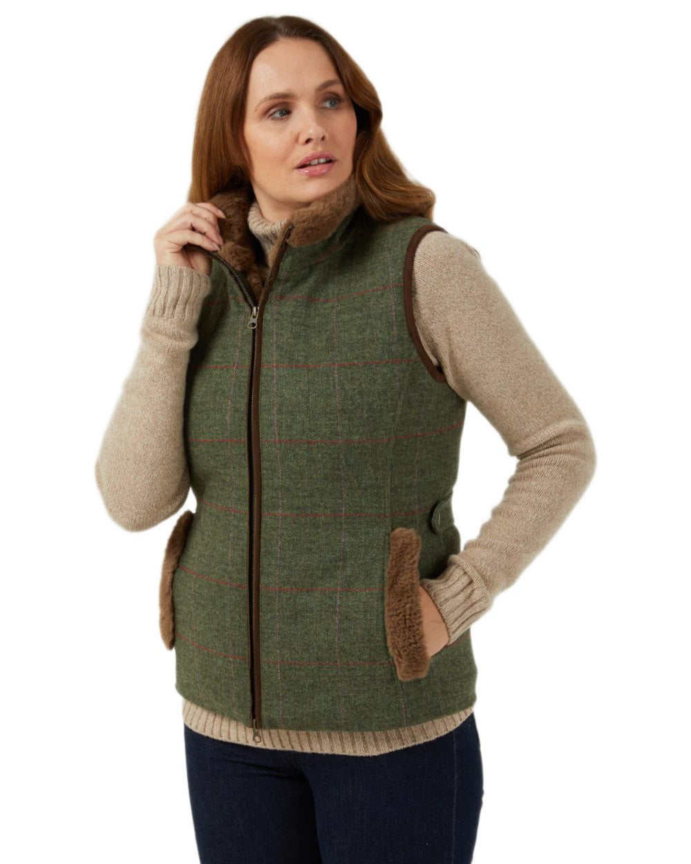 Heath coloured Alan Paine Combrook Tweed Ladies Gilet on white background 