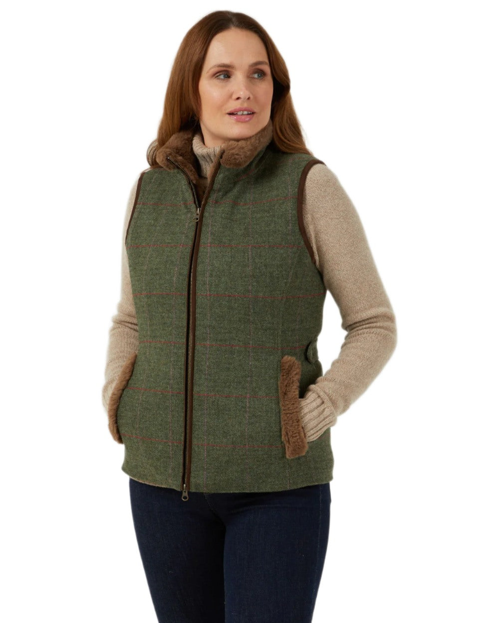 Heath coloured Alan Paine Combrook Tweed Ladies Gilet on white background 