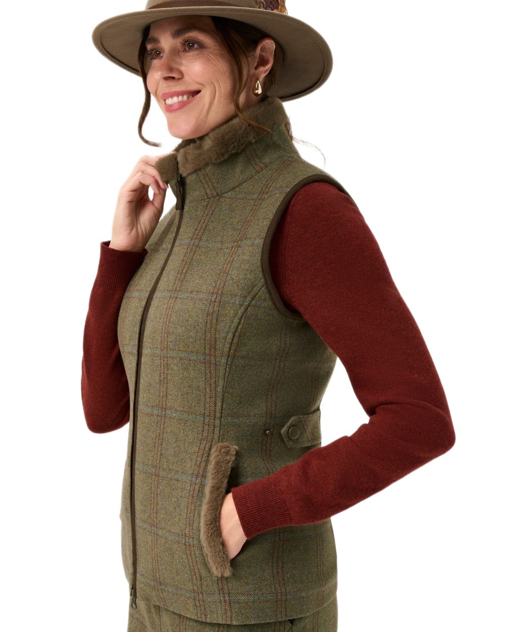 Laurel Coloured Alan Paine Combrook Tweed Ladies Gilet on white background 