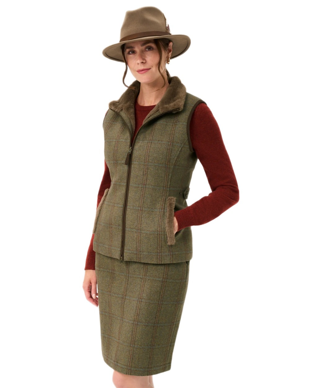 Laurel Coloured Alan Paine Combrook Tweed Ladies Gilet on white background 