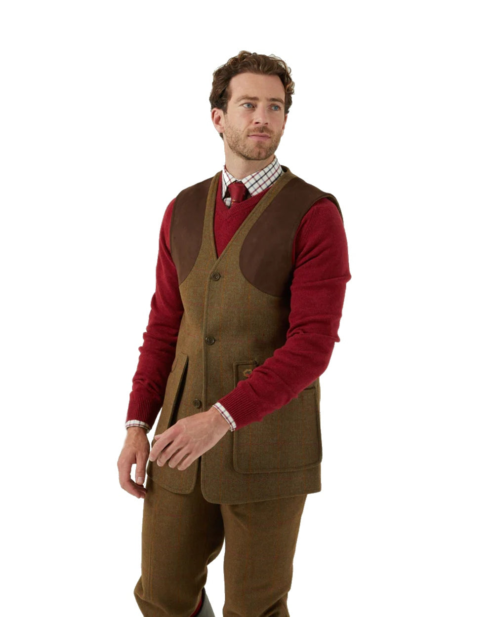 Hawthorn coloured Alan Paine Combrook Tweed Shooting Waistcoat on white background 