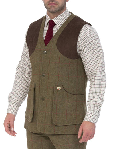 Sage coloured Alan Paine Combrook Tweed Shooting Waistcoat on white background 