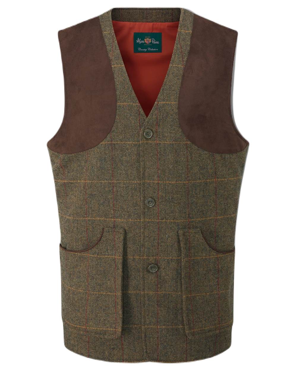 Teak coloured Alan Paine Combrook Tweed Shooting Waistcoat on white background 