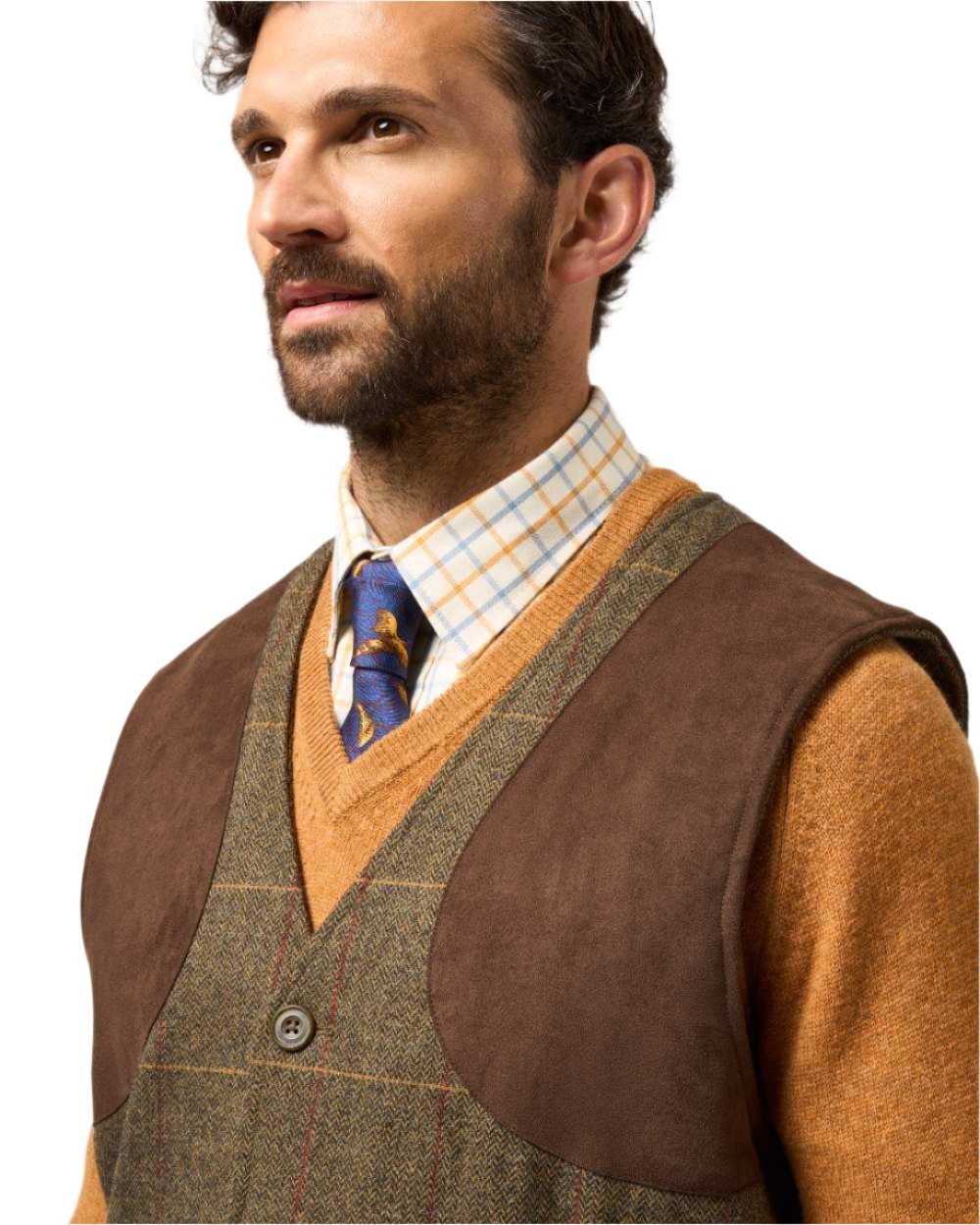 Teak coloured Alan Paine Combrook Tweed Shooting Waistcoat on white background 