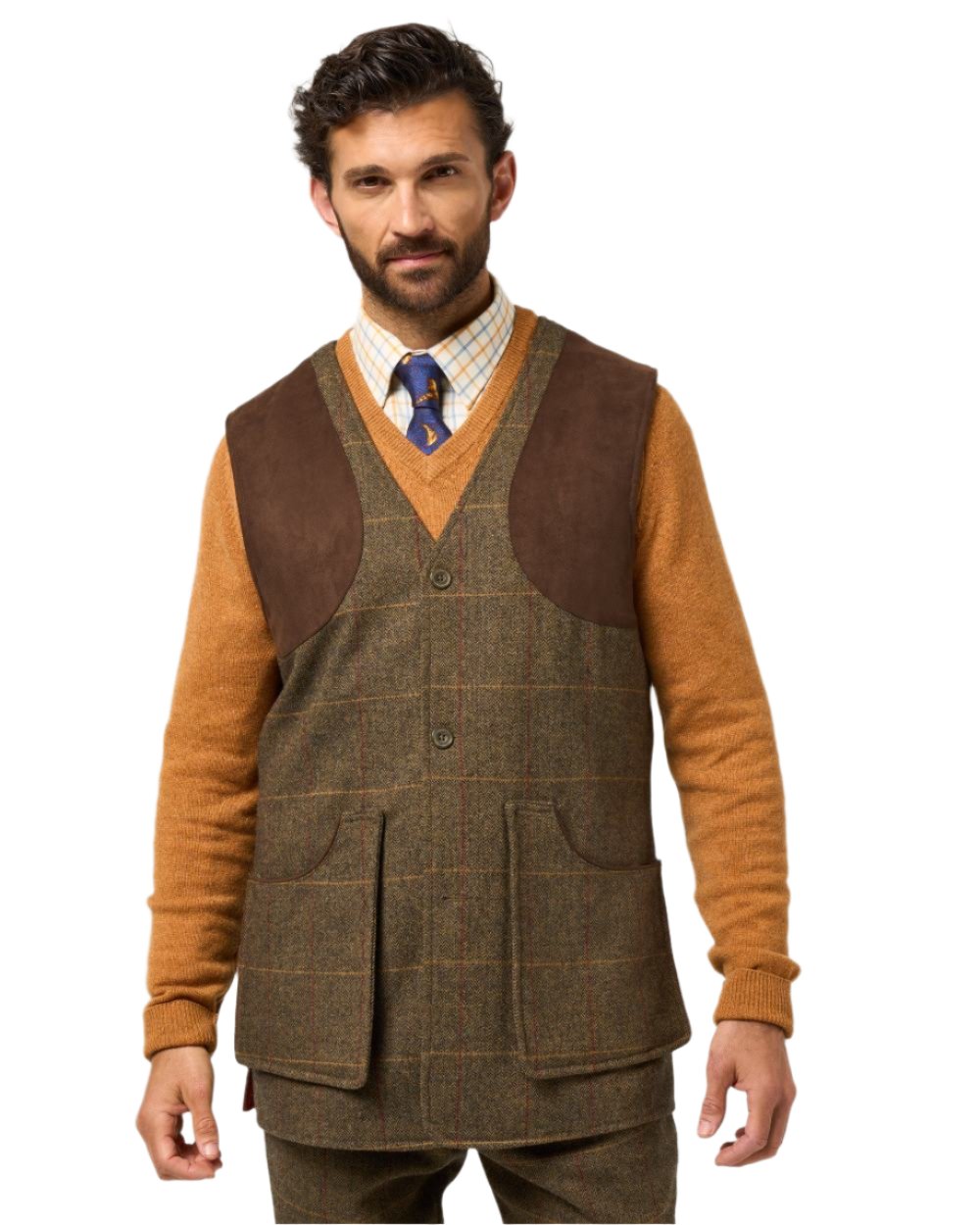 Teak coloured Alan Paine Combrook Tweed Shooting Waistcoat on white background 