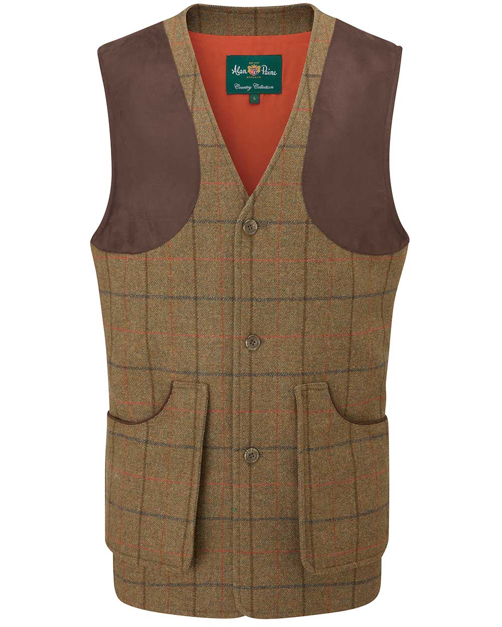 Thyme coloured Alan Paine Combrook Tweed Shooting Waistcoat on white background 