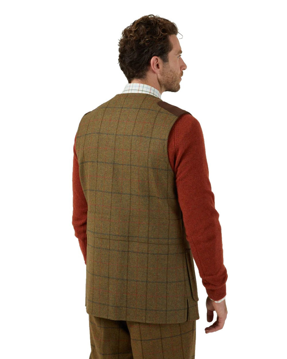 Thyme coloured Alan Paine Combrook Tweed Shooting Waistcoat on white background 