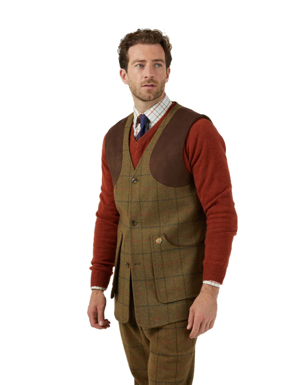 Thyme coloured Alan Paine Combrook Tweed Shooting Waistcoat on white background 