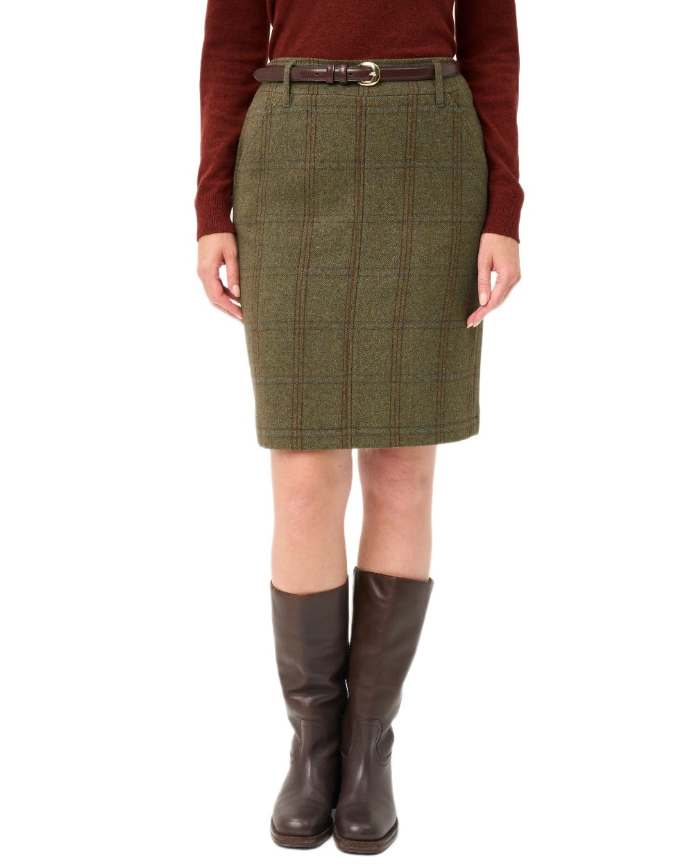 Laurel Coloured Alan Paine Combrook Tweed Skirt on white background 