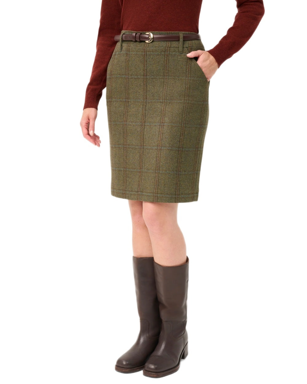 Laurel Coloured Alan Paine Combrook Tweed Skirt on white background 