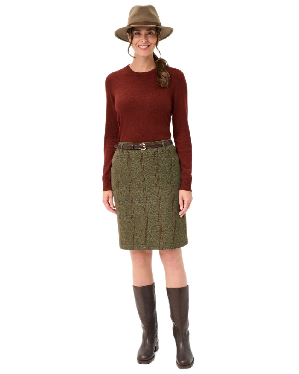 Laurel Coloured Alan Paine Combrook Tweed Skirt on white background 