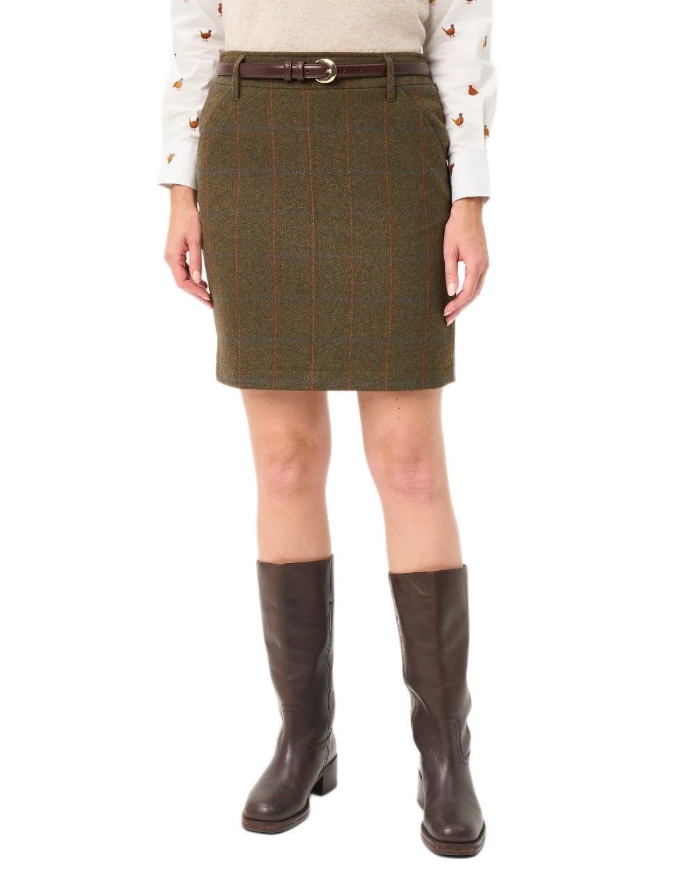 Willow Coloured Alan Paine Combrook Tweed Skirt on white background 