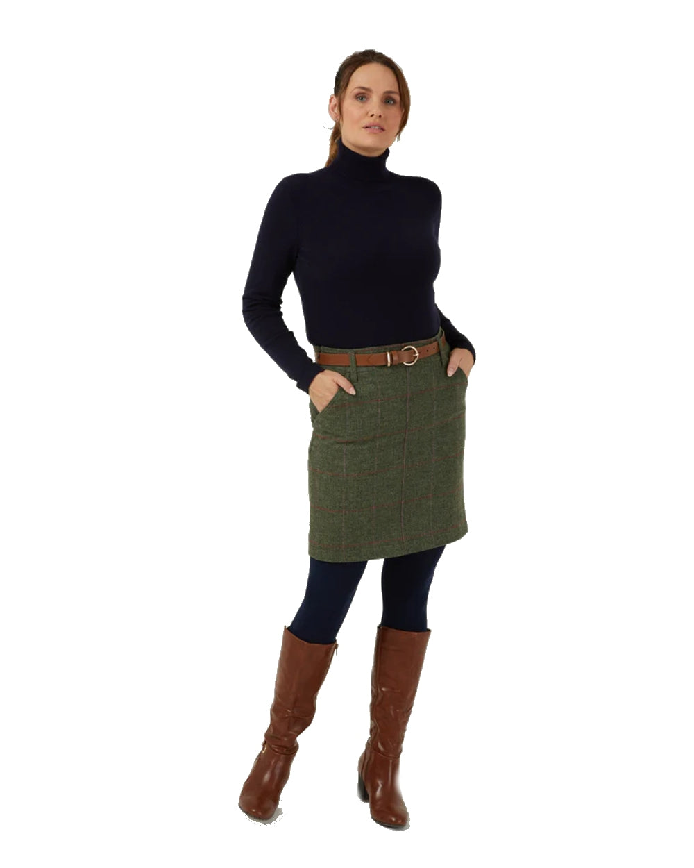 Heath coloured Alan Paine Combrook Tweed Skirt on white background 