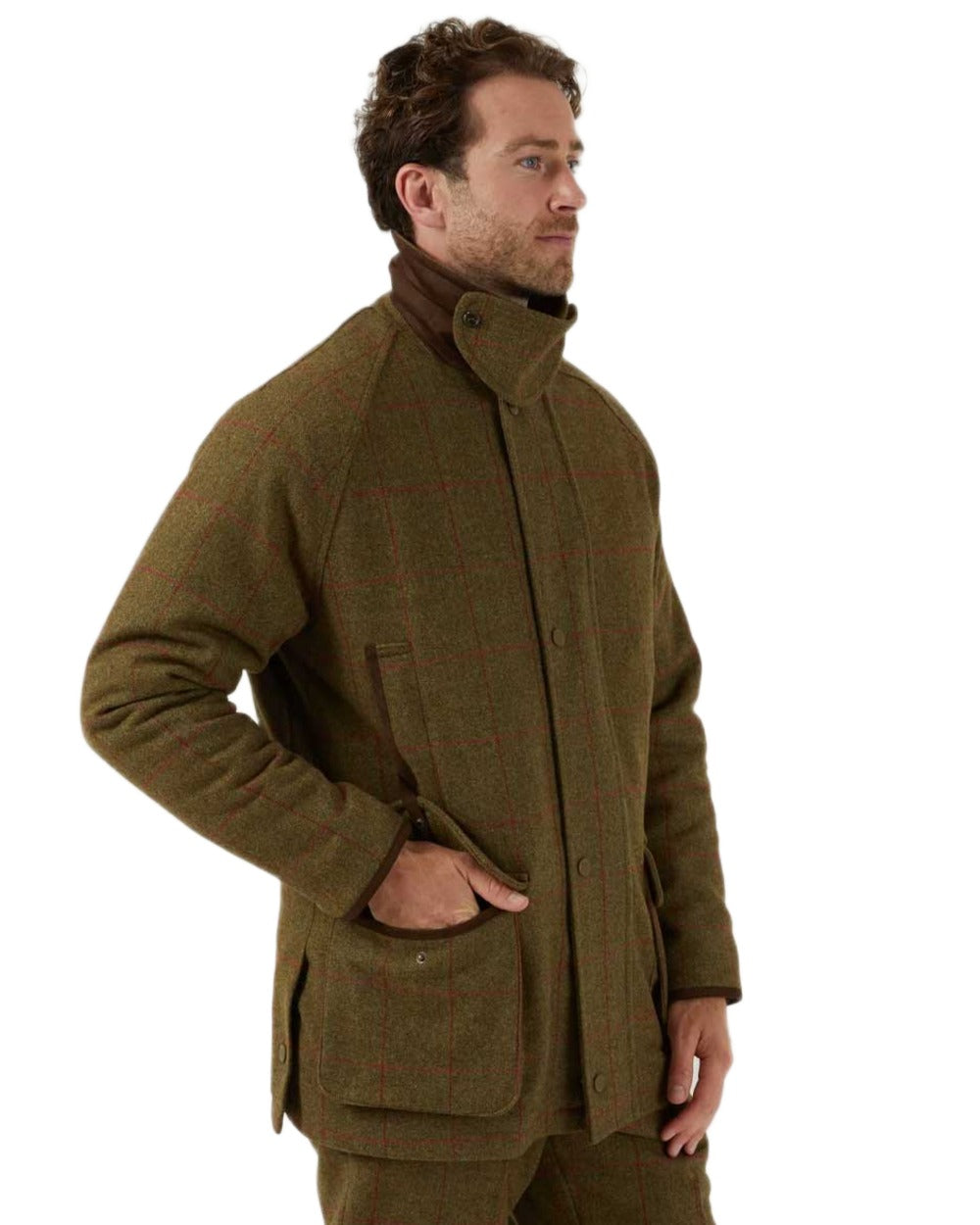 Sage coloured Alan Paine Combrook Tweed Waterproof Coat on white background 