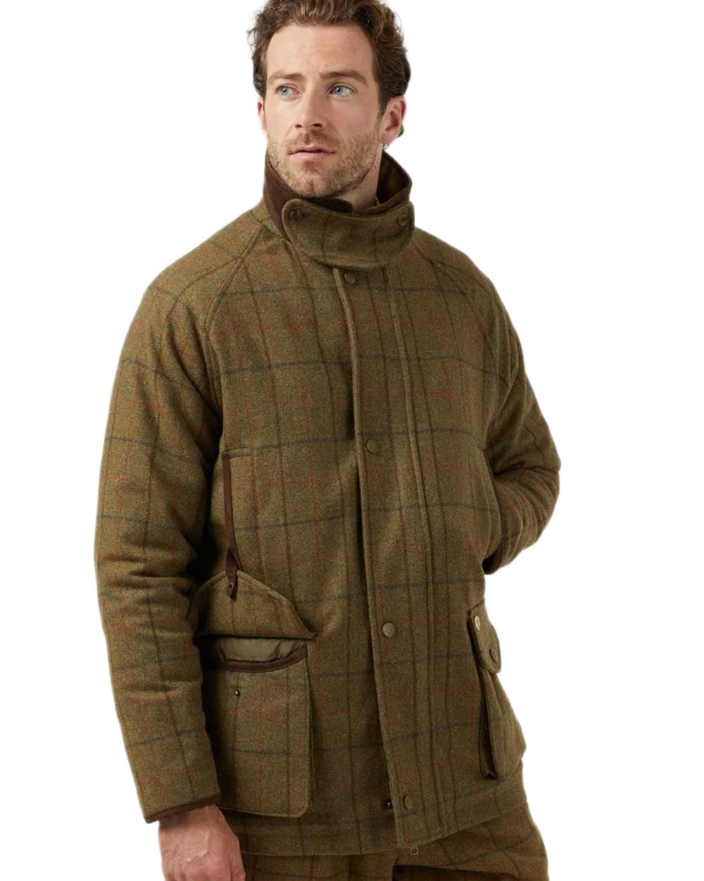 Thyme coloured Alan Paine Combrook Tweed Waterproof Coat on white background 