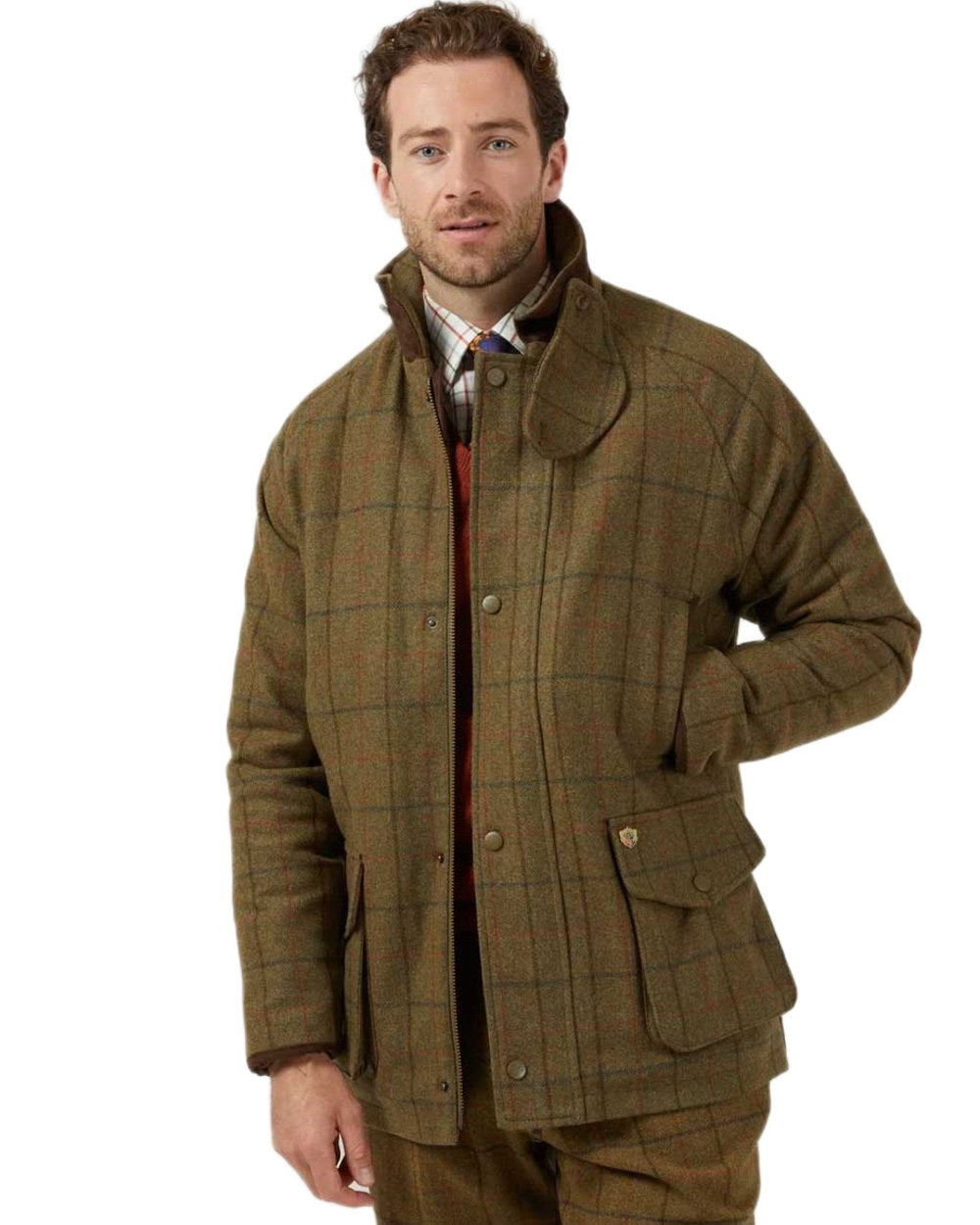 Thyme coloured Alan Paine Combrook Tweed Waterproof Coat on white background 