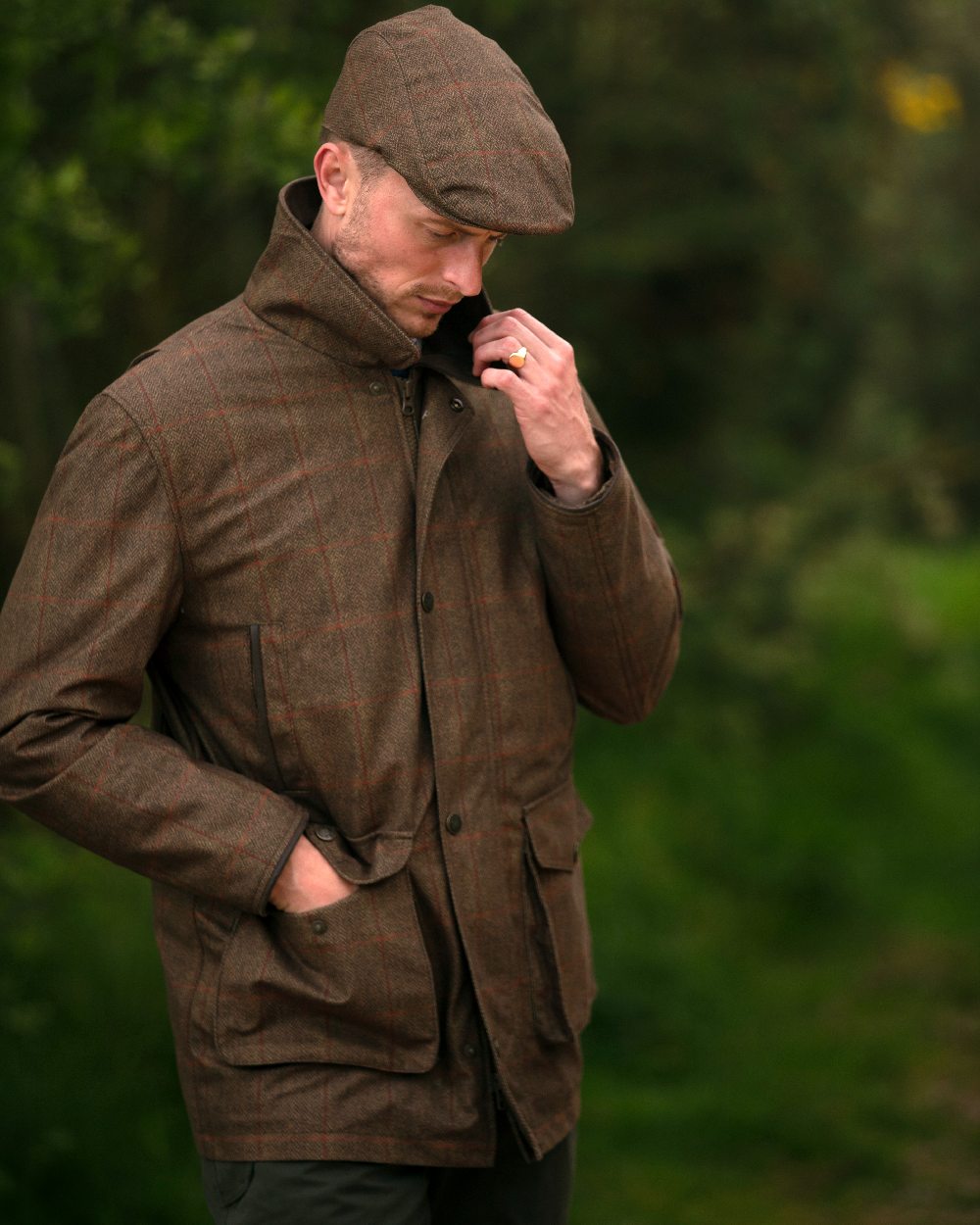 Oak Coloured Alan Paine Didsmere Mens Technical Tweed Coat on outdoor background 