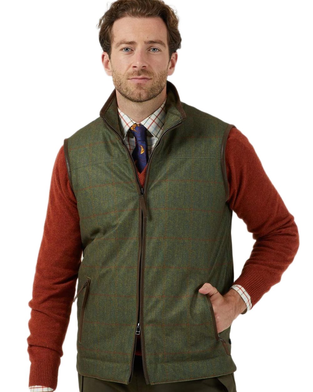 Olive coloured Alan Paine Didsmere Mens Technical Tweed Gilet on white background 