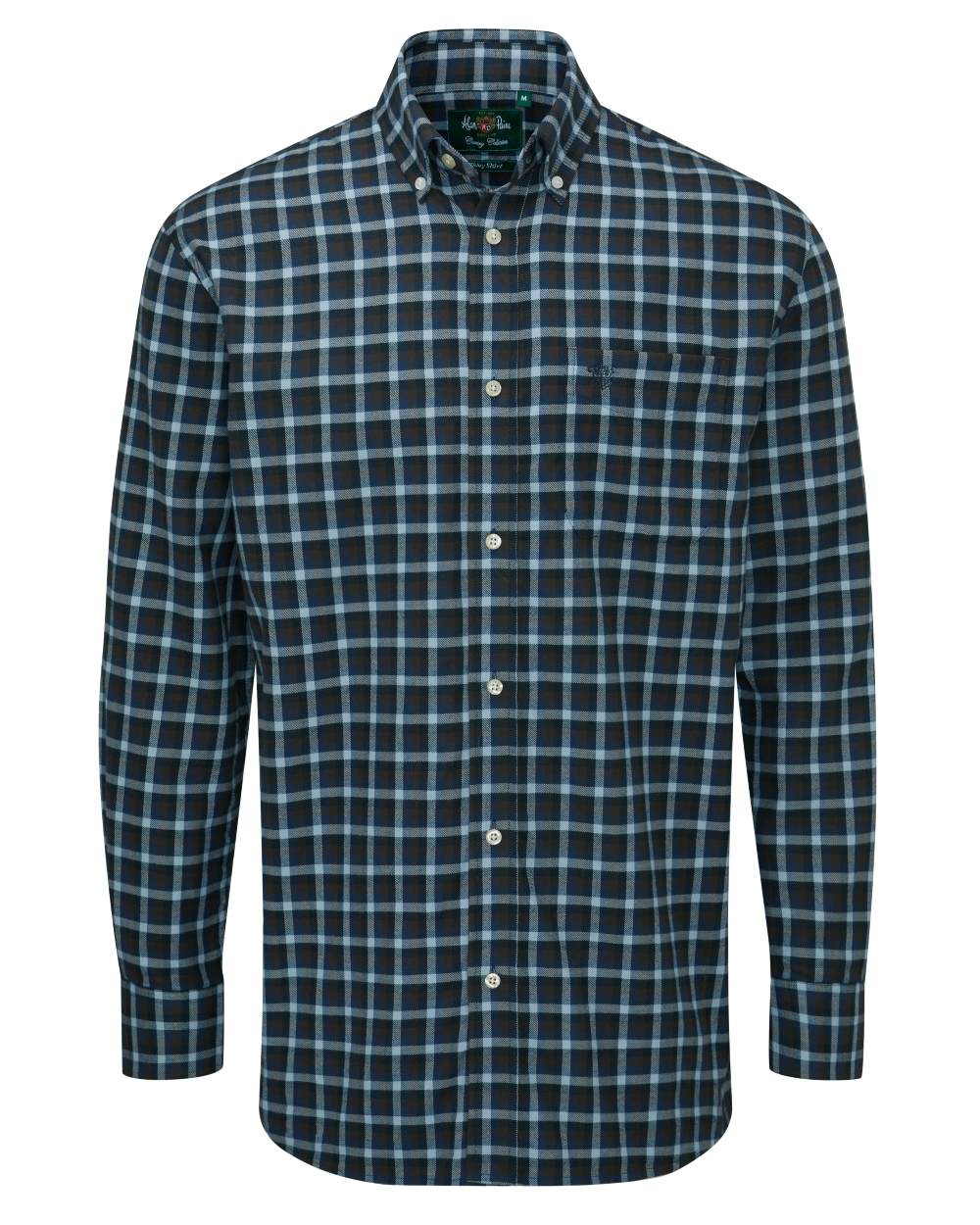 Brown Blue coloured Alan Paine Ilkley Flannel Button Down Collar Shirt on white background 