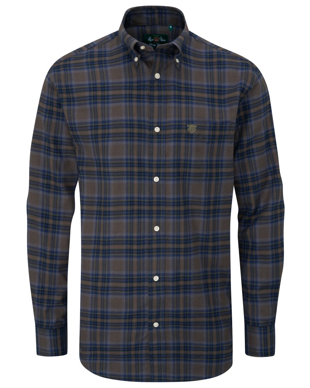 Green Blue coloured Alan Paine Ilkley Flannel Button Down Collar Shirt on white background 