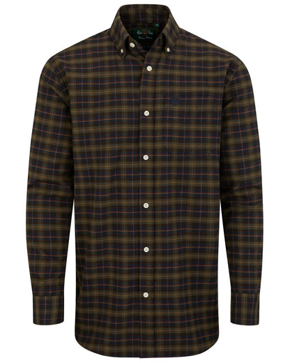 Olive Brown coloured Alan Paine Ilkley Flannel Button Down Collar Shirt on white background 