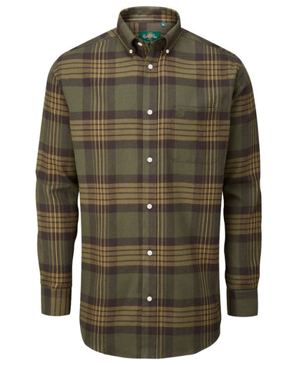 Olive coloured Alan Paine Ilkley Flannel Button Down Collar Shirt on white background 