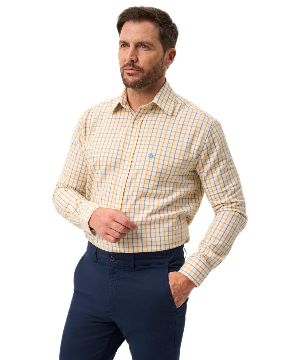 Blue Gold coloured Alan Paine Ilkley Shirt on white background 