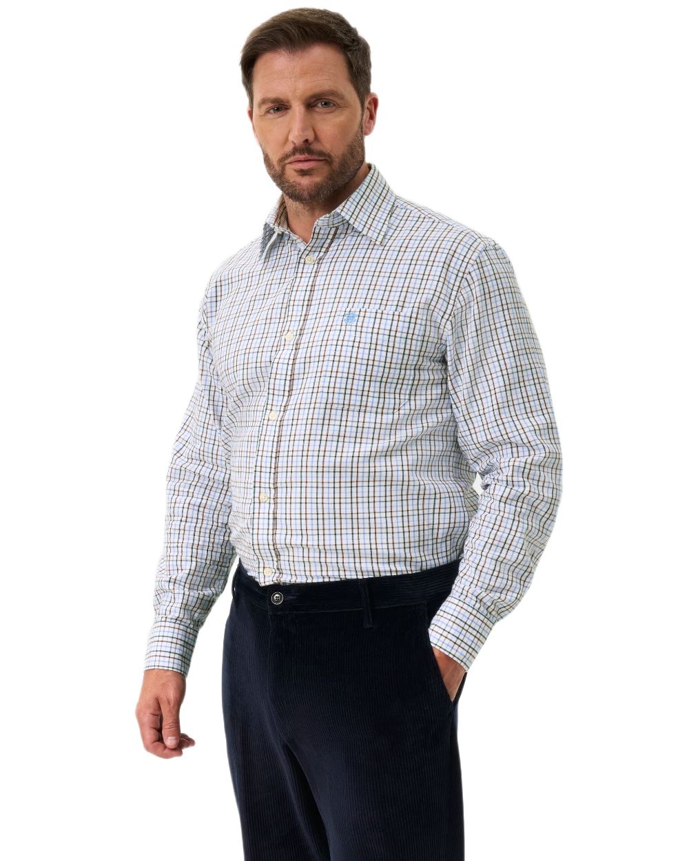 Green Brown coloured Alan Paine Ilkley Shirt on white background 